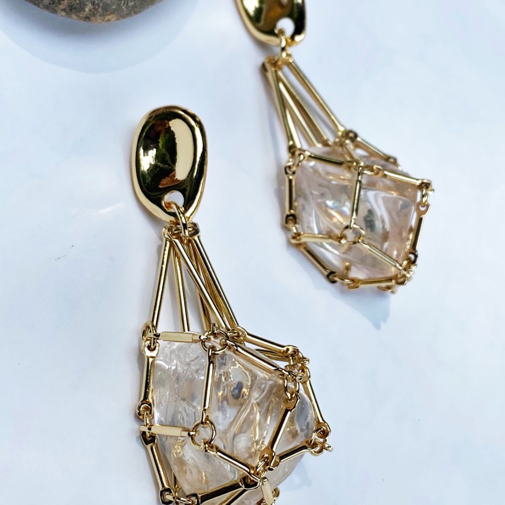 NEW Gold & Crystal Cage Drop Earrings - Picture 7 of 10